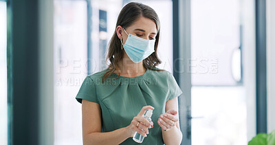 Buy stock photo Woman, face mask and spray sanitizer in office for hygiene, disinfection and germ protection. Female person, equipment and antibacterial liquid for health safety, prevent virus and infection control