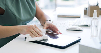 Buy stock photo Hands, person and wipe tablet in office with sanitizer, disinfection and germ protection. Woman, cleaning and digital with antibacterial liquid for safety, virus prevention and remove dirt of hygiene