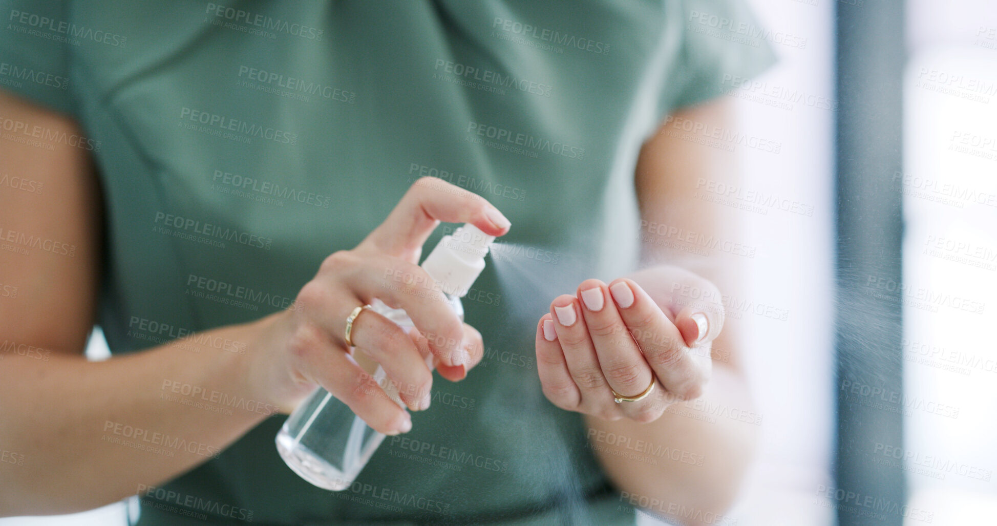 Buy stock photo Hands, person and spray sanitizer in office for hygiene, disinfection and germ protection. Closeup, woman and bottle and antibacterial liquid for health safety, virus prevention and infection control
