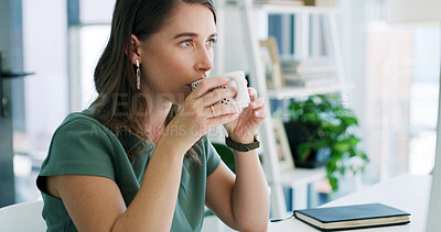 Buy stock photo Coffee, business woman and thinking with computer for news review, proofreading or fact checking. Tea, editor and tech at agency for reading publication, journalist perspective and editorial insight