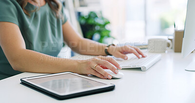 Buy stock photo Hands, tablet and computer for research in office for copywriting, editing or newsletter. Person, writer or editor with technology for creative website, social media or email for news business
