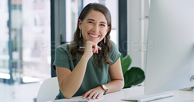 Buy stock photo Portrait, employee and woman with pride, office and smile for career growth in design and confident. Happy, graphic designer and person with computer for project, creative or business in Canada