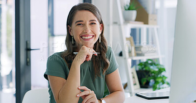 Buy stock photo Portrait, laughing and woman with pride, office and happy with career growth in design and employee. Confident, graphic designer and person in creative agency, smile or business development in Canada