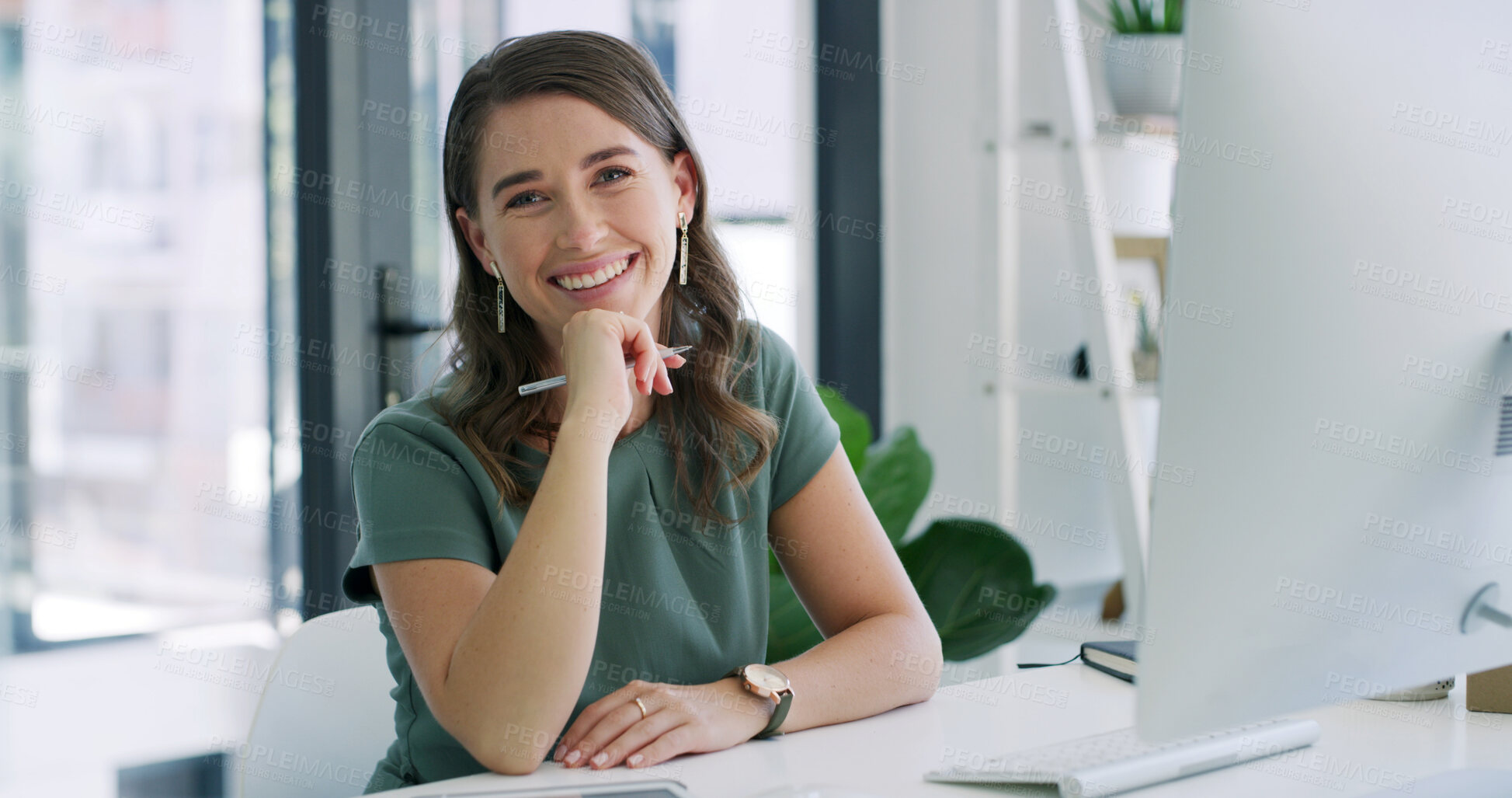 Buy stock photo Portrait, employee and woman with smile, office and happy for career growth in design and confident. Creative, graphic designer and person with computer for project, pride and business in Canada