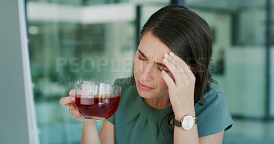 Buy stock photo Computer, headache and tea with business woman in office for cure, herbal remedy or treatment. Cup, migraine and pc with employee person drinking beverage for relief from pain, pressure or tension