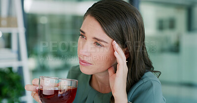 Buy stock photo Headache, stress and tea with business woman in office for cure, herbal remedy or treatment. Burnout, cup and migraine with employee person drinking beverage for relief from pain, pressure or tension