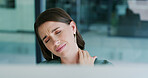 Business, neck pain or woman in office with massage, burnout or joint inflammation in injury. Tendinitis, frustration or employee in workplace with spasm, muscle strain or fatigue in task management.