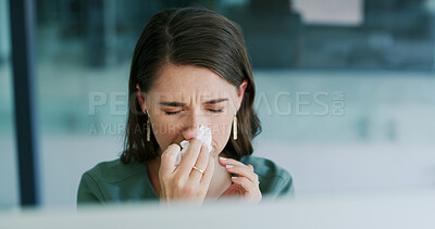 Buy stock photo Allergies, blowing nose and woman in office with tissue, sick or cold congestion in influenza season. Health, virus or analyst in workplace with paper napkin, pneumonia and viral flu in wellness risk