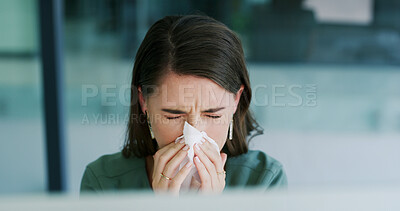 Buy stock photo Sick, blowing nose and woman in office with tissue, influenza and cold congestion in allergy season. Health, virus and analyst in workplace with paper napkin, pneumonia and viral flu in wellness risk