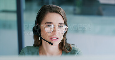 Buy stock photo Headset, communication and woman in call center for customer care, talking and online help desk. Tech reflection, consulting and virtual assistant with pc to support client, contact us and advice.