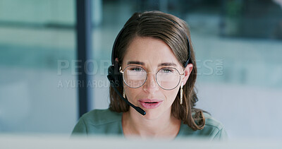 Buy stock photo Headset, communication and woman in contact center for customer care, talking and online help desk. Tech reflection, consulting and virtual assistant with laptop to support client, glasses and advice