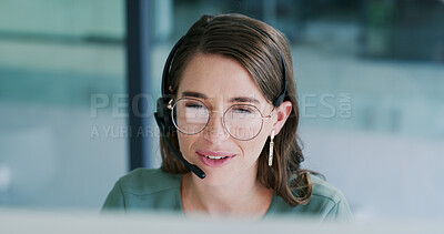 Buy stock photo Headset, talking and woman in call center for customer care, communication and online help desk. Tech reflection, consulting and virtual assistant with pc to support client, contact us and advice.