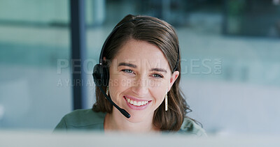 Buy stock photo Smile, contact us and woman with computer in call center for help desk, language translation or crm. Headset, happy agent and person with feedback in office, multilingual support or customer service