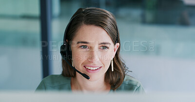 Buy stock photo Smile, call center and woman with computer in office for help desk, language translation or crm. Headset, happy agent and person with feedback, multilingual support or contact us for customer service