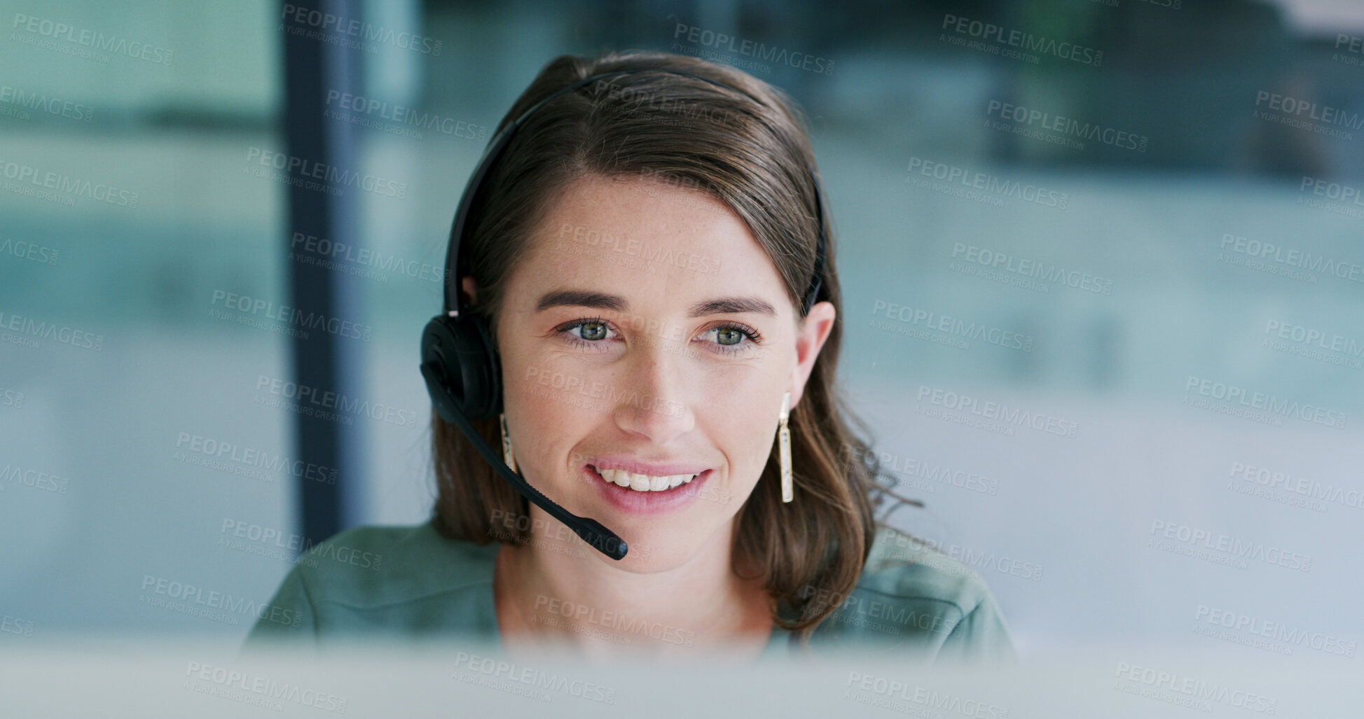 Buy stock photo Smile, call center and woman with computer in office for help desk, language translation or crm. Headset, happy agent and person with feedback, multilingual support or contact us for customer service