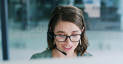 Buy stock photo Smile, contact us and woman listening in call center for help desk, language translation or crm. Headset, happy agent and person with computer in office, multilingual support or customer service