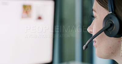 Buy stock photo Woman, consultant and computer with headset for online advice or customer service in office. Female person, employee or agent with mic or technology for virtual assistance or web support in workplace