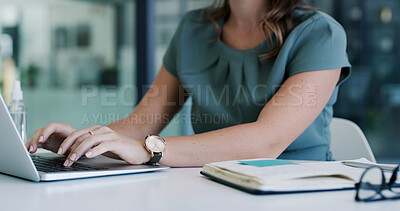 Buy stock photo Hands, laptop and typing for research in office for copywriting, editing or newsletter. Woman, writer or editor with tech and notebook for creative website, social media or email for news business