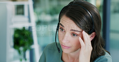 Buy stock photo Frustrated woman, consultant and headache with headset in office for difficult customer or mistake. Female person, agent or migraine for overworked strain, pressure or mental health in workplace