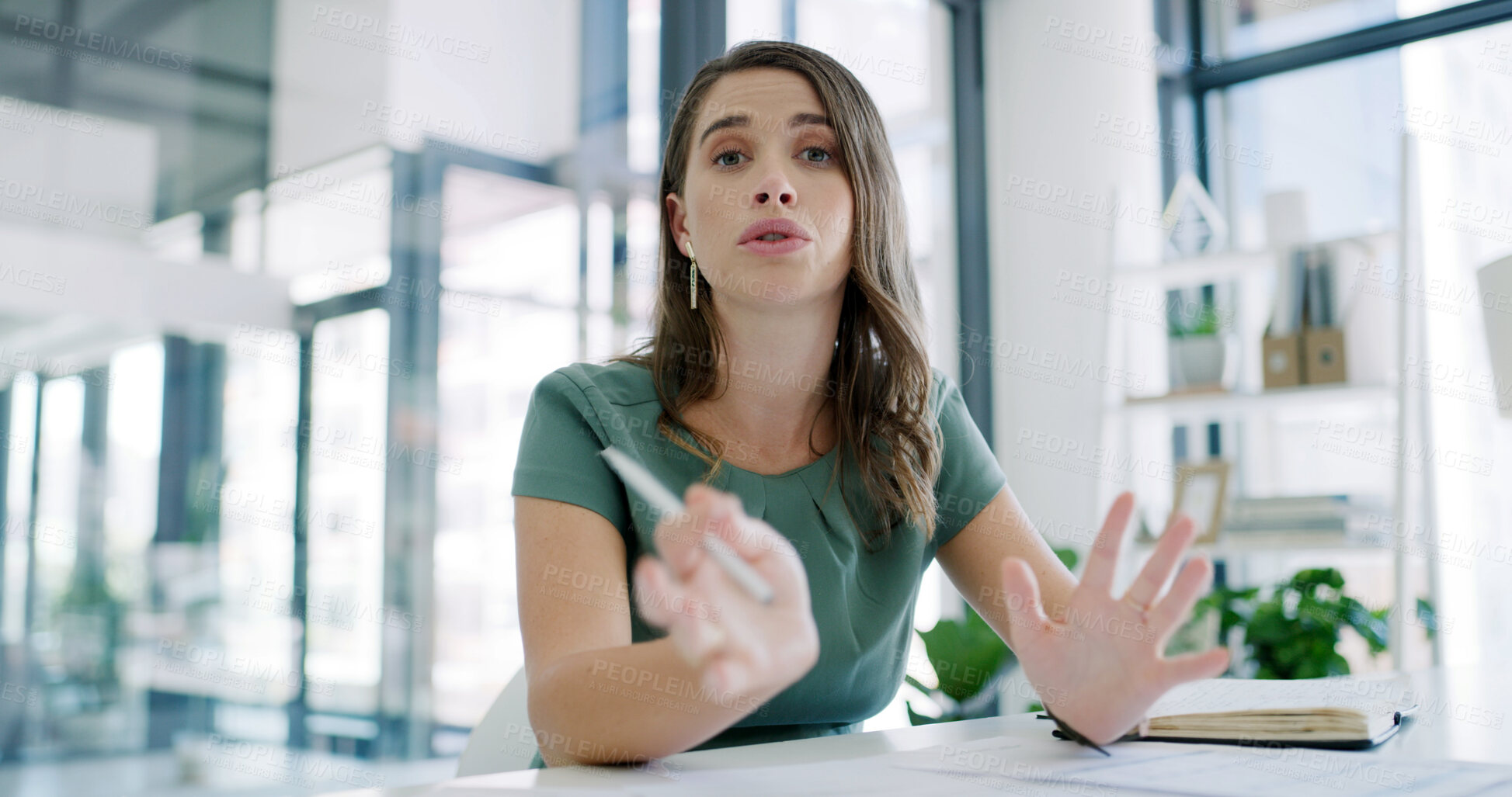 Buy stock photo Portrait, business woman and talk on video call in office for tax update in online conference. Speaking, person and accountant in virtual chat for finance review, audit or investment webinar with POV