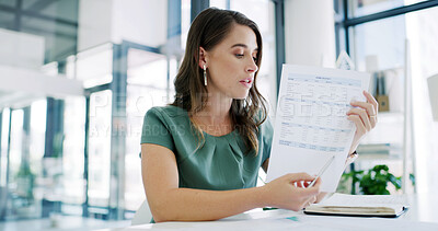 Buy stock photo Business woman, accountant and discussion with documents for finance, payslip or revenue in office. Female person, accounting or meeting with paper, financial expenses or company budget in workplace