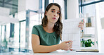 Business woman, accountant and portrait with documents for finance, payslip or revenue in office. Female person, accounting or POV with paper for financial expenses or budget planning in workplace