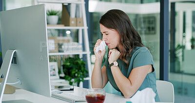 Buy stock photo Health, blowing nose and woman in office with tea, ease congestion or antioxidant benefit for allergy season. Cold, tech or employee in agency with warm drink, virus or immune support for viral flu.