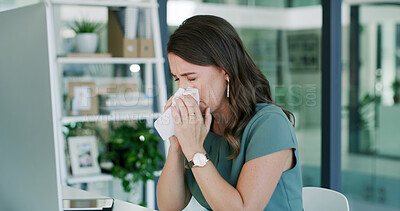 Buy stock photo Sick woman, flu and blowing nose with tissue in office for virus, hayfever or sinus allergies. Female person, illness or employee with mucus, infection or sneeze for influenza or fever in workplace