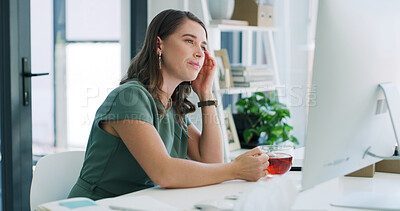 Buy stock photo Tea, business woman or thinking with computer for article review, proofreading or fact checking. Beverage, editor or tech at agency for reading submission, journalist perspective or editorial insight