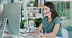 Contact us, typing and woman with computer in call center for help desk, language translation or crm. Headset, happy agent and person with feedback, multilingual support or customer service in office