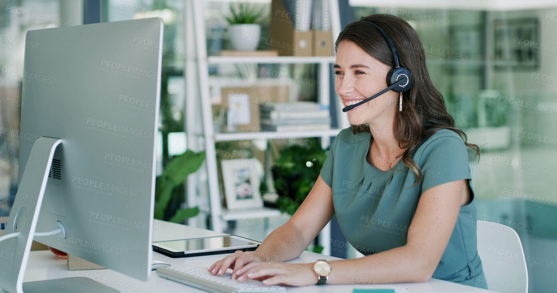 Buy stock photo Contact us, typing and woman with computer in call center for help desk, language translation or crm. Headset, happy agent and person with feedback, multilingual support or customer service in office