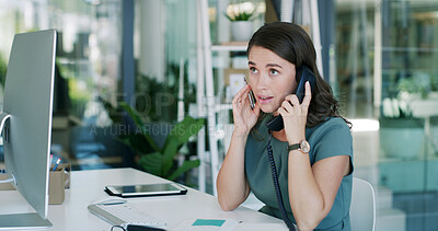 Buy stock photo Telephone call, listening and business woman in office for booking appointment, schedule or chat. Conversation, landline and receptionist talk to contact for admin, communication or info in company