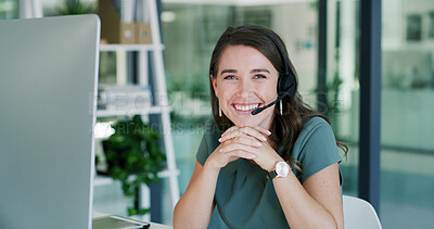 Buy stock photo Happy woman, portrait and consultant in call center for customer service or online advice in office. Female person, agent or smile with headset or mic for virtual assistance or support in workplace