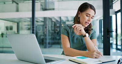 Buy stock photo Woman, notebook and writing for research in office for copywriting, editing or newsletter. Person, writer or editor with tech and laptop for creative website, social media or email for news business