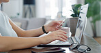 Credit card, laptop and hands of woman in home for online shopping, internet purchase and student payment. Ecommerce, tech and person with typing for application fee, scholarship or college funding
