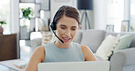 Laptop, remote work and support with woman in living room of home for customer service or help. Computer, headset and smile of freelance employee in apartment for communication or virtual assistance