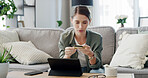 Credit card, tablet and woman on sofa for online shopping, internet purchase and student payment. Ecommerce, technology and person in home lounge for application fee, scholarship or college funding
