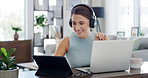 Headset, remote work and technology with woman in living room of home for customer service or support. Communication, laptop and smile of freelance employee in apartment for help as virtual assistant