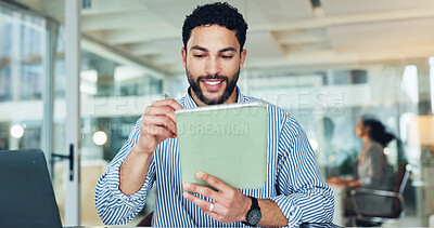 Buy stock photo Creative, man and reading with tablet in office for research, email editor and proofreading. Male journalist, digital and editing online with article feedback, update draft and publication submission