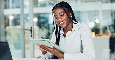 Buy stock photo Business, black woman and reading with tablet in office for research, email editor and proofreading. Journalist, smile and digital app for article feedback, update draft and publication submission