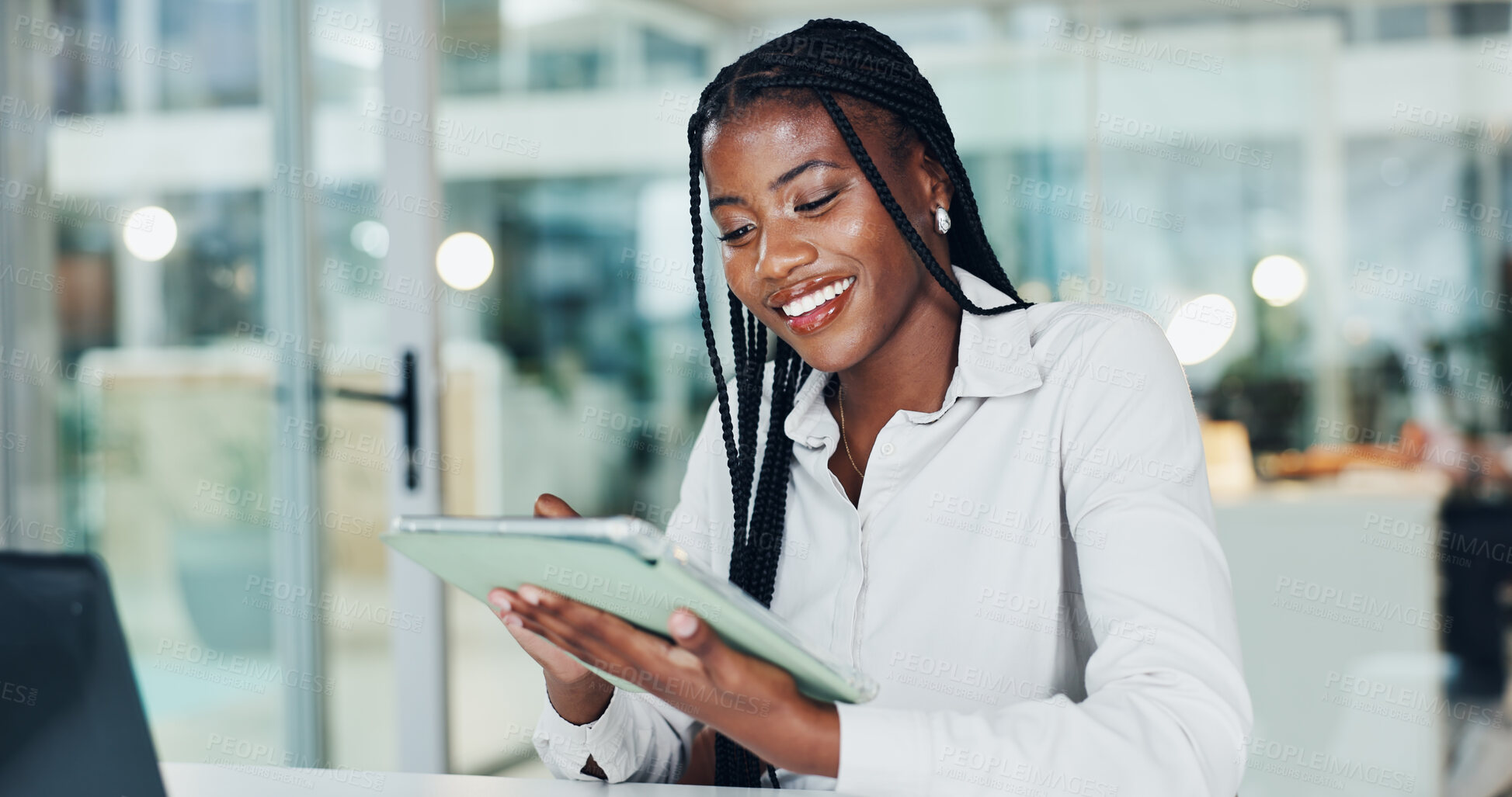 Buy stock photo Business, black woman and reading with tablet in office for research, email editor and proofreading. Journalist, smile and digital app for article feedback, update draft and publication submission