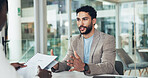 Interview, hiring or man in office with resume, discussion or meeting in onboarding process. Contract review, talk or recruiter in agency with document, candidate or proposal for career opportunity.
