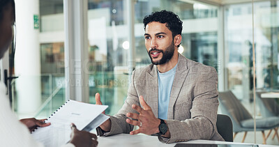 Buy stock photo Interview, hiring or man in office with resume, discussion or meeting in onboarding process. Contract review, talk or recruiter in agency with document, candidate or proposal for career opportunity.