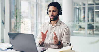 Buy stock photo Laptop, talk and man in call center for technical support, feedback analysis or troubleshooting. Computer, contact us and agent at work for software assistance, customer service or data for IT
