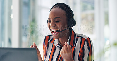 Buy stock photo Video call, fist pump and black woman with laptop for achievement, success and kpi target. African person, consultation and excited in workplace with headset, celebration and customer service goals