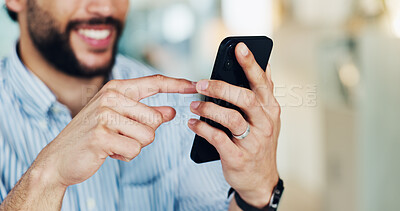 Buy stock photo Texting, hands and employee with smartphone, office and communication with contact on break or chat. Typing, message and person with mobile app, connection and digital networking on social media