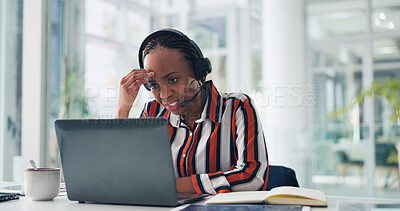 Buy stock photo Woman, headset and stress with laptop at office, mistake or guide for customer service at company. African person, consultant and agent with voip tech, pc or crisis with contact, advice and help desk
