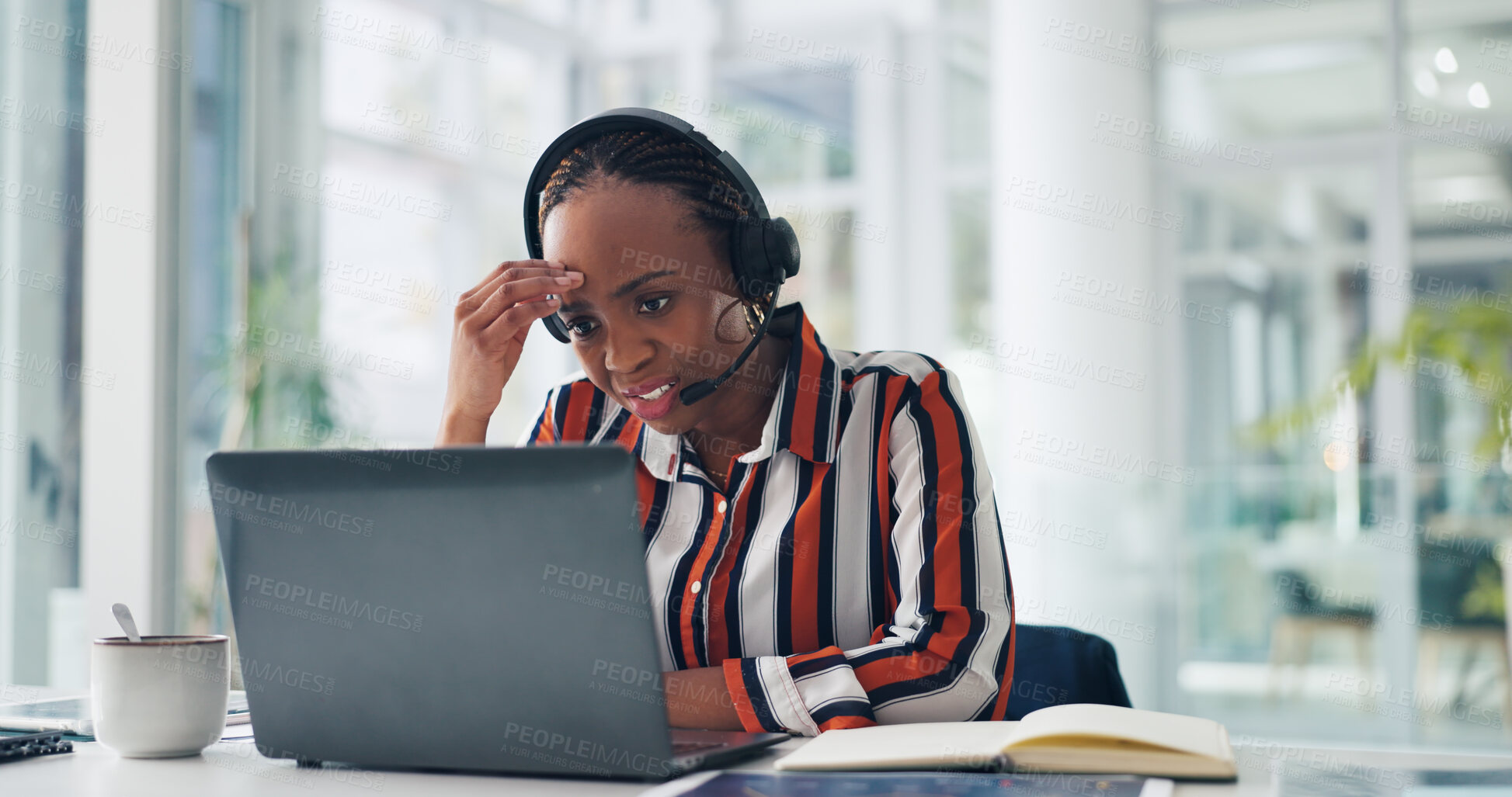 Buy stock photo Woman, headset and stress with laptop at office, mistake or guide for customer service at company. African person, consultant and agent with voip tech, pc or crisis with contact, advice and help desk