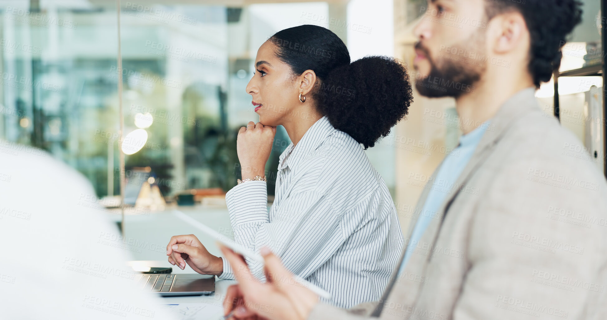 Buy stock photo Meeting, thinking and business woman listening with team for financial review, planning or attention. Group, problem solving and employees in conference room for investment presentation in office