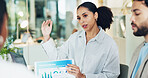 Documents, feedback and presentation with business woman in boardroom for sales statistics. Charts, graphs and paperwork with employee person in office for review of data or market information